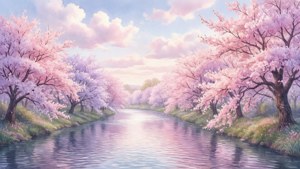 静谧的河流两旁点缀着柔粉色樱花，营造柔和唯美氛围。