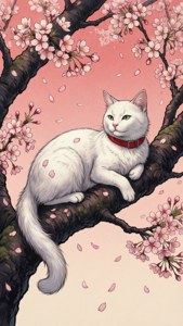 一只优雅的猫咪栖息在樱花枝上 — 动漫猫咪 壁纸