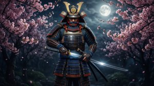 武士在樱花下，手持发光剑于黑色背景中。