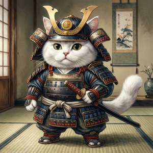 一只可爱的武士猫，置身于传统日本场景中 — 动漫猫咪 壁纸