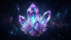 发光水晶悬浮于黑暗空间，色彩鲜明生动。