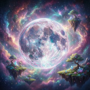 一颗水晶月亮悬浮在柔和色调的星系中，周围漂浮着岛屿。