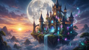 天空中的奇幻城堡，伴随着巨大的月亮，充满魔法氛围。 — iPad 壁纸