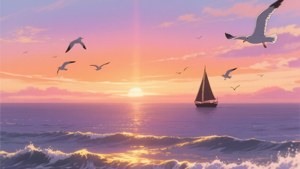 一幅令人惊叹的动漫风格海上日落，色彩温暖，充满怀旧感。 — 动漫风景动图 壁纸