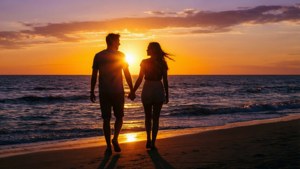 情侣在海滩日落时分漫步的浪漫剪影，夏日傍晚的美学。 — 夏日美学 壁纸