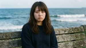 理佳子独自在海滩上，感到悲伤 — 海浪 壁纸