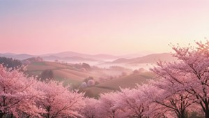浅粉色美学风景，点缀樱花与雾霭丘陵。
