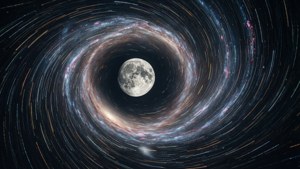 一颗超现实的月亮位于星系漩涡中心，四周环绕着光流条纹。 — 星系月亮 壁纸