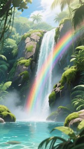 雄伟的动漫瀑布，雾气中彩虹浮现。 — 动漫风景动图 壁纸