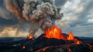 火山剧烈喷发，熔岩与灰烬喷涌而出。