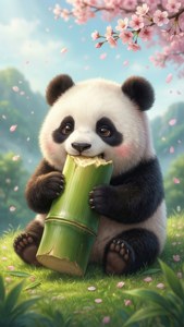 可爱的卡哇伊熊猫在春天享受竹子。 — 卡哇伊 壁纸