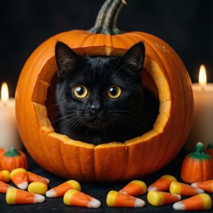 可爱的黑猫从南瓜灯里探出头来，旁边还有玉米糖。 — 可爱万圣节 壁纸