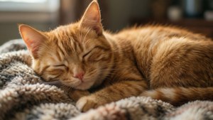 一张猫咪在毯子上安睡的照片，温馨动人，适合动物爱好者。