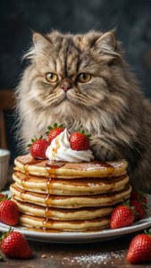 一只毛茸茸的猫咪坐在一堆煎饼上。 — 猫 壁纸