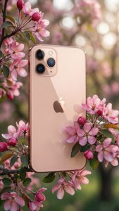 玫瑰金iPhone 11 Pro Max在春日光线下的粉色花朵中