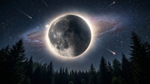 一轮被星系环遮蔽的月亮悬挂在暗黑森林之上。