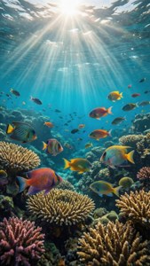 珊瑚礁水下场景，阳光光束与热带鱼群 — iPad 壁纸