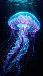 黑色海洋中散发霓虹青与紫色的发光水母，AMOLED显示
