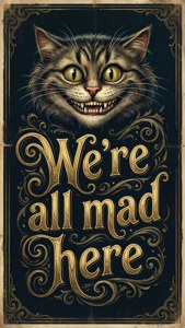 带有柴郡猫和引文‘我们这儿都是疯子’的排版壁纸。 — 柴郡猫 壁纸