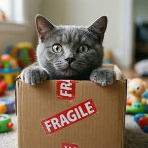 一只灰猫从纸箱里探出头来。 — 猫 壁纸