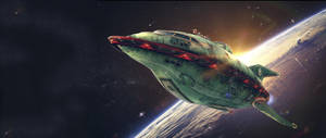 绿色飞船在外太空壁纸 — 2560x1080 壁纸