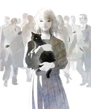 灰衣女子携带黑猫剪影背景动画高清壁纸 — Galaxy Z Fold 壁纸