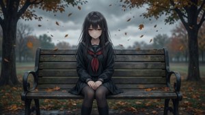 一位孤独的动漫女孩坐在秋日长椅上，流露出悲伤的情绪。 — 悲伤动漫动图 壁纸