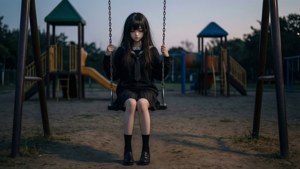 黄昏时分，一个悲伤的动漫女孩坐在秋千上。 — 悲伤动漫动图 壁纸