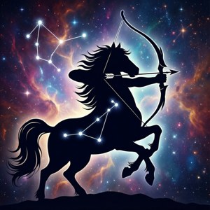 半人马弓箭手的简洁剪影，搭配星云与星座图案。 — Galaxy Watch 壁纸