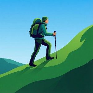 一幅简约风格的矢量插画，描绘了一位登山者正在攀登绿色山坡。 — Infinix Zero 壁纸