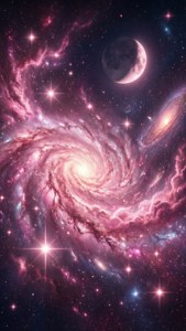 梦幻的粉彩星系，点缀着星星与一弯新月。 — 淡粉色 壁纸