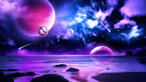 紫色与蓝色的太空，点缀着行星与星辰