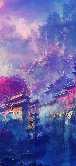 紫色动漫美学寺庙 — iPhone 15 壁纸