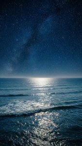 繁星夜空下平静的海洋，水面倒映星光。 — 天空景观 壁纸