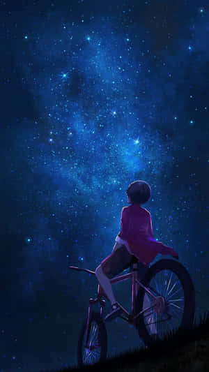 红单车少年仰望夜空动漫天空 — 动漫手机 壁纸