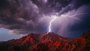 闪电击中红色山峰的戏剧性雷暴场景