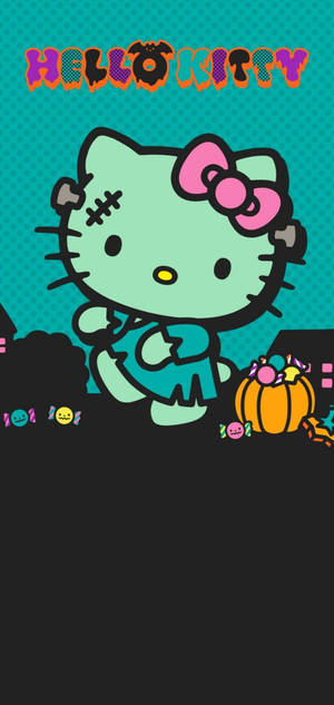绿色 Hello Kitty 万圣节僵尸壁纸 — iPhone 15 壁纸