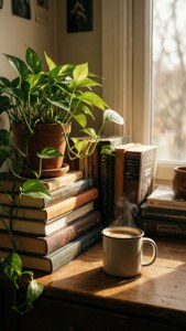 舒适的阅读角落，配有书籍、咖啡和植物。 — 独立美学动图 壁纸