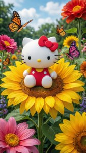 Hello Kitty坐在一朵巨大的向日葵上，身处色彩缤纷的花园中。 — Hello Kitty 动图 壁纸