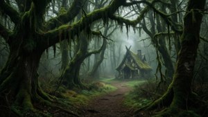 幽暗森林中，长满苔藓的树枝间有一条小路通向巫师小屋。 — 黑暗森林 壁纸