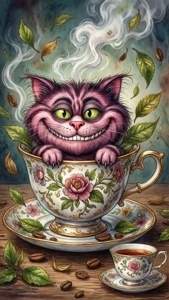 从茶杯里探出头来的奇幻水彩柴郡猫