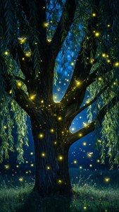 夜晚柳树下萤火虫闪烁，充满魔幻与奇趣。 — iPhone 5 壁纸