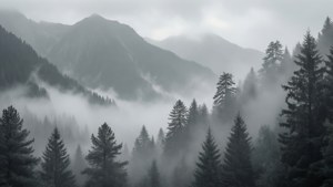 宁静的灰调山景，笼罩着薄雾与松树 — 灰色美学 壁纸