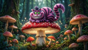 柴郡猫在魔法森林中的巨型蘑菇上。 — 柴郡猫 壁纸