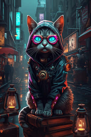 连帽衫，科技，艺术，未来感，小猫，蒸汽朋克，霓虹，护目镜，猫，赛博朋克