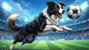 一只充满活力的动漫风格边牧犬在球场踢足球。