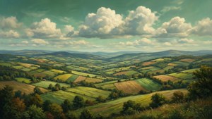 在绿色天空下，连绵起伏的山丘和拼接状田野的乡村全景。 — 绿色天空 壁纸