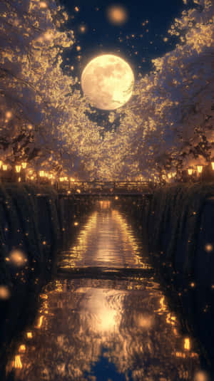 樱花,夜晚,月光,河流,迷人,灯笼,花卉,日本,宁静,浪漫,春季,节日,倒影,梦幻,仙境般 — 花卉 壁纸