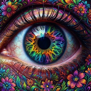 迷幻的眼睛错觉图案，充满旋转的漩涡和花朵。 — Galaxy Watch 壁纸