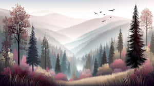 风景，森林，山脉，迷雾，自然，树木，景色优美，插画风格，宁静，荒野，户外，秋季，色彩鲜艳，小路，鸟类 — 自然 壁纸